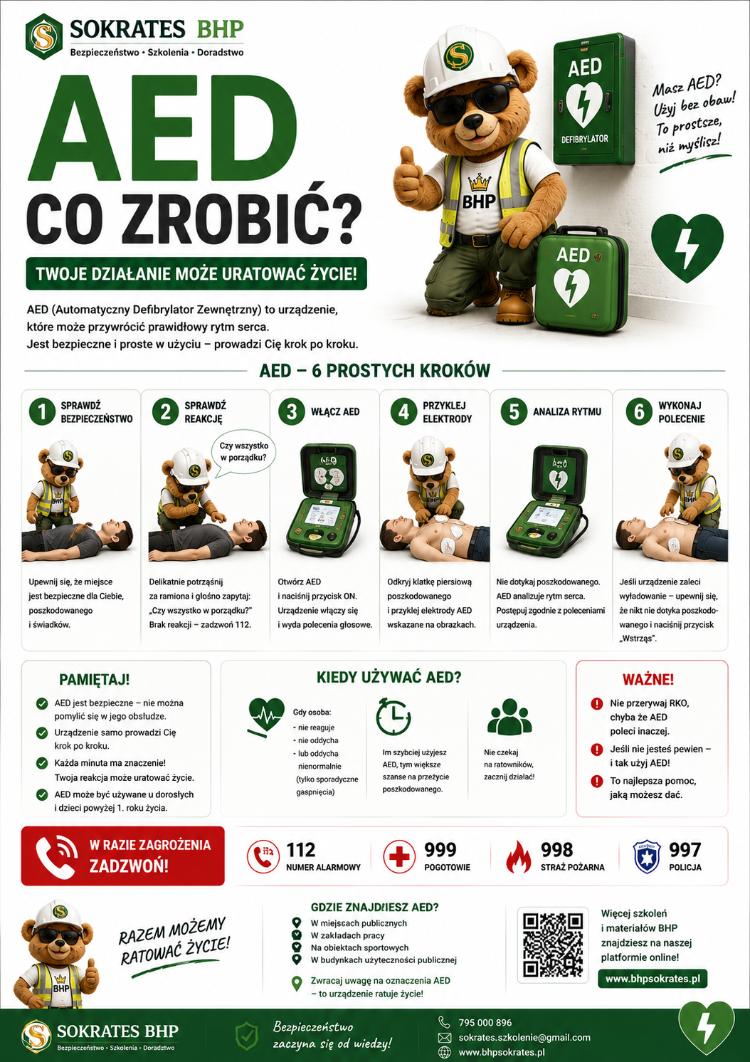 AED – co zrobić – BHP Sokrates AED – co zrobić, instrukcja obsługi defibrylatora AED, plakat BHP