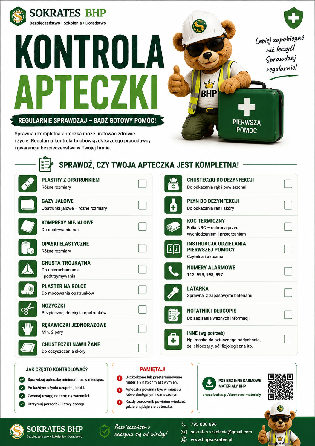Kontrola apteczki – BHP Sokrates Kontrola apteczki pierwszej pomocy – lista wyposażenia do sprawdzenia, plakat BHP